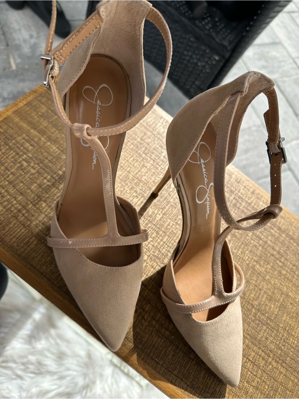 Jessica Simpson Nude/Tan Pointed Toe T-Strap Stiletto Heels